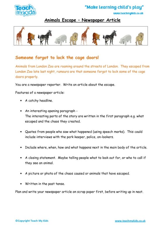 Worksheets for kids - animals-escape-newspaper-article